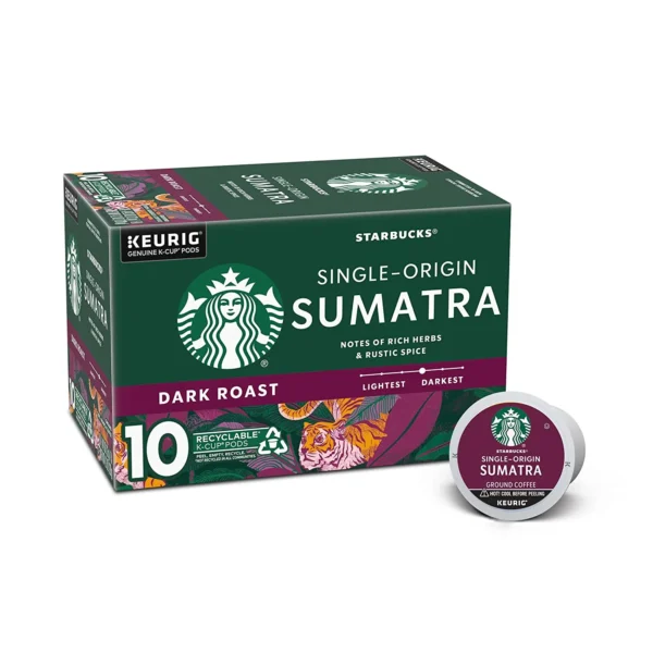 Starbucks Dark Roast K-Cup Coffee Pods, Sumatra for Keurig Brewers 1 box (10 pods)